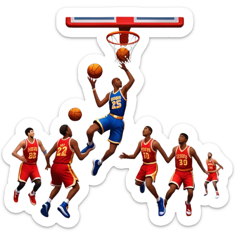An icon showing a basketball court with players in action, inspired by NBA 2K25. A player jumps for a dunk, the ball mid-air, surrounded by a vibrant basketball arena with cheering fans and bright lights. Transparent background emphasizes the intense atmosphere sticker