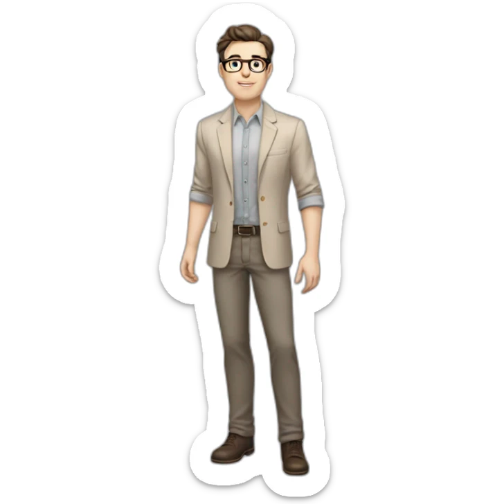 Full height Pale skinned Fit Man With dark brown hair in gray classic jacket, beige office shirt, Brown pants and vintage glasses. Thrumbs of his palms upwards sticker