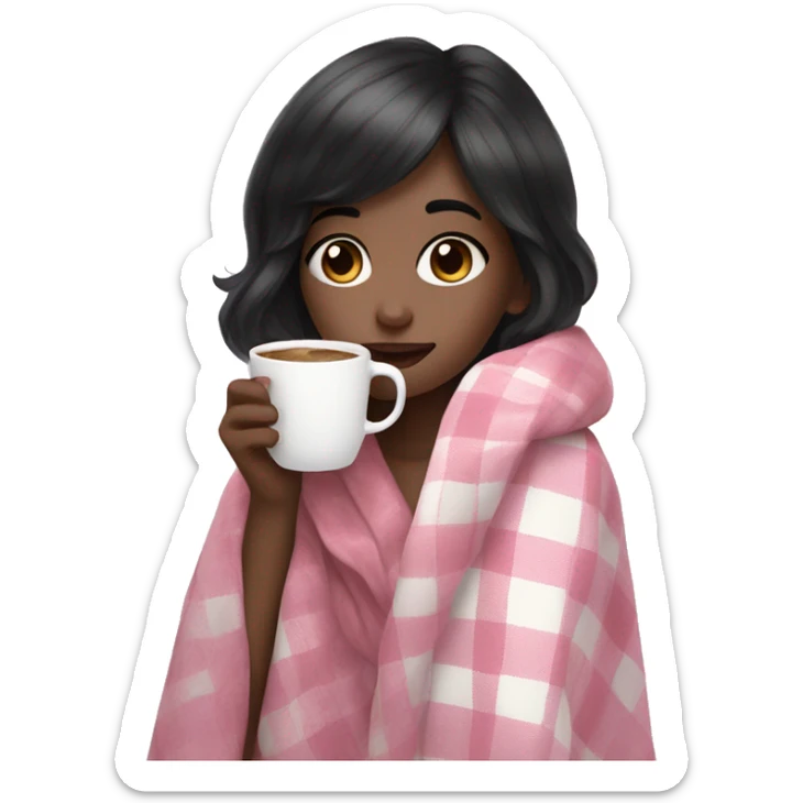 A cute black hair girl wrapped in pastel pink plaid blanket drinking coffee sticker