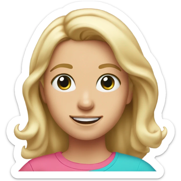 blonde girl with shoulder length hair, blue-green eyes, brown eyebrows, freckles and pink t-shirt, she is smiling  sticker