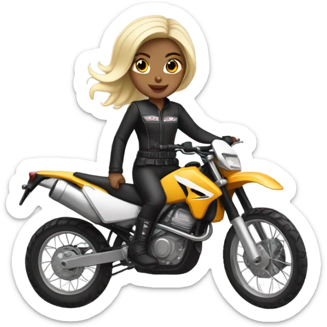 girl with black hair and two blond highlights on an enduro motorcycle sticker