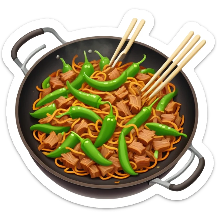 Green Pepper with Shredded Pork in wok, simplified emoji style with bold outlines and bright colors, cartoon style Qing Jiao Rou Si homestyle dish sticker