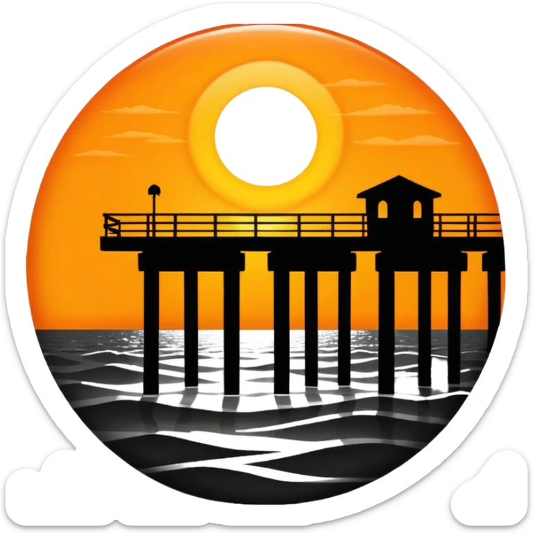 A black and white image of a pier in the ocean as a silhouette with the sun in the background sticker