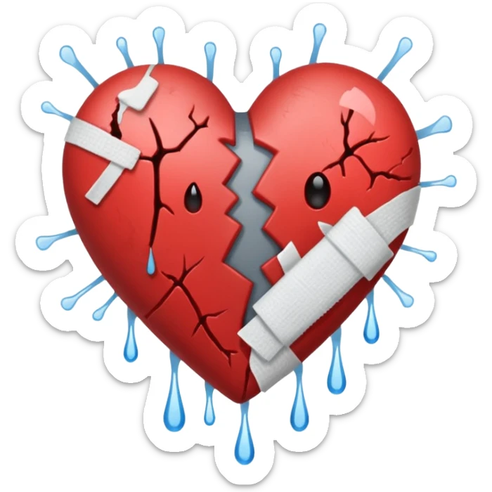 Un corazón roto de color gris con grietas  sangrando y expulsando sangre rodeado de vendas y tiritas que se despegan sin hacer efecto sticker