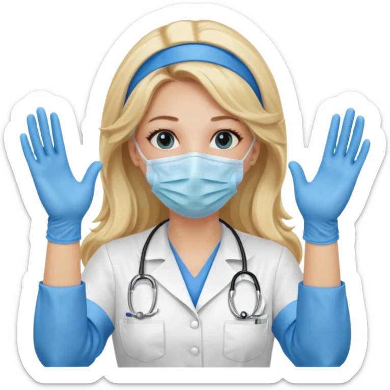 enfermera rubia con pelo largo sin nada en el pelo, con mascarilla y guantes azules las dos manos arriba sticker