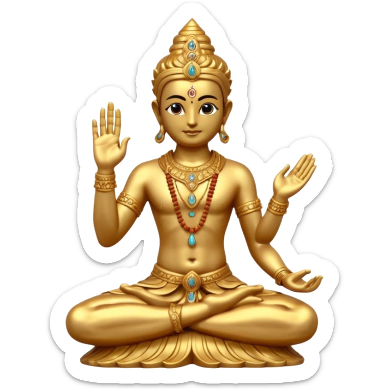 a golden statue of a Hindu deity seated in a yogic posture with one hand in a blessing gesture, adorned with ornate jewelry�. The figure sits on a decorated pedestal, radiating a sacred and traditional aura�. sticker