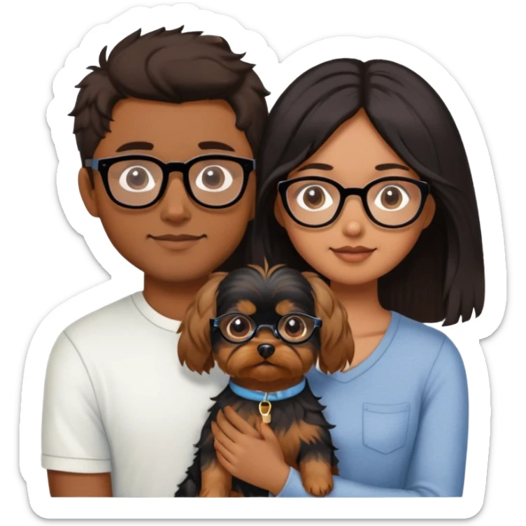 A couple holding a small Yorkshire Terrier together. The girl is Asian with long, luscious wavy black hair (loose, no hair tie). She is next to her boyfriend, a brown-skinned man wearing glasses with short middle part haircut sticker