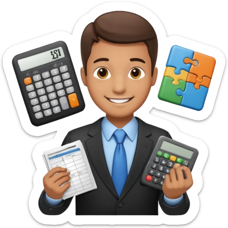 emoji, of a male AUDITOR smiling with Finance spreadsheet , a calculator,plus ADD A puzzle and a Balance for accounting. sticker