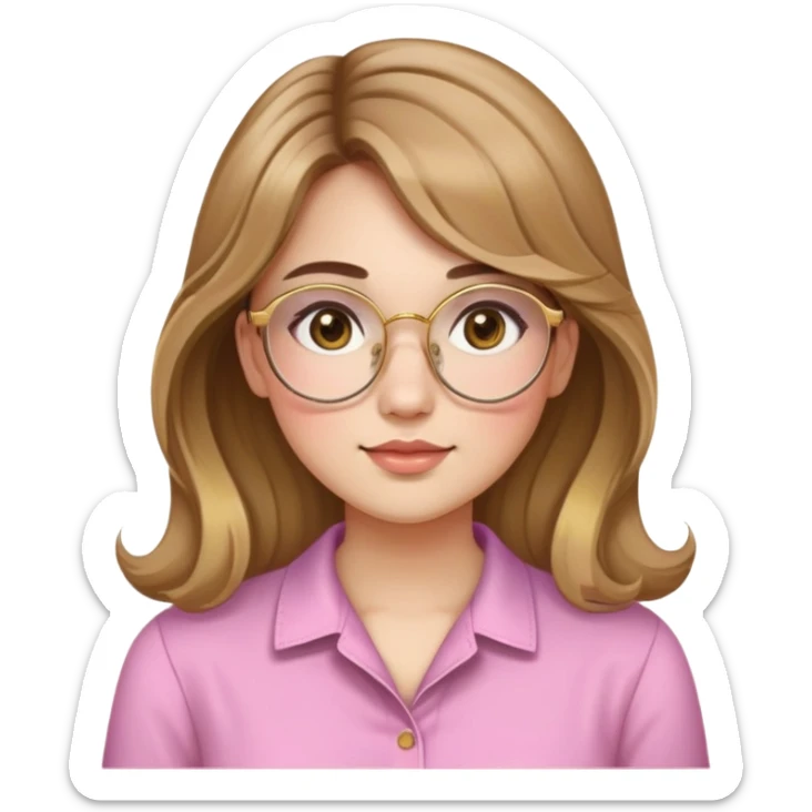 young adult woman with light skin, round face, prominent cheeks, medium plump body, long light brown hair with golden highlights, voluminous and wavy, long bangs over eyebrows, large octagonal glasses with thin golden or light pink frame, casual dark shirt sticker