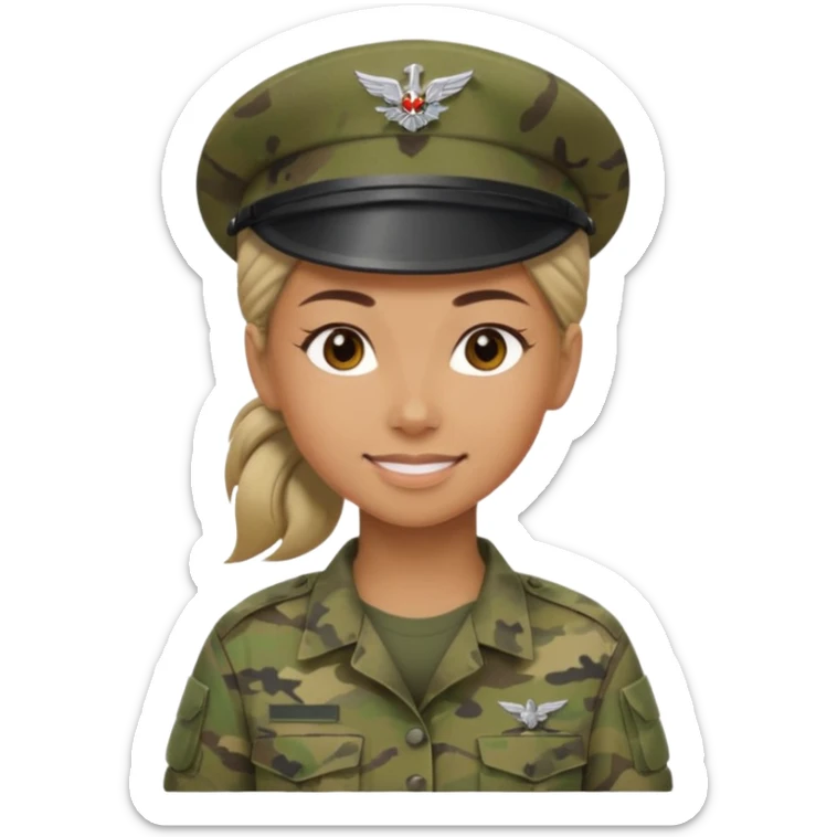 Apple emoji look — female soldier, no cap/helmet, bust, neutral smile, generic camo shirt, hair tied back, soft gradients, no weapon sticker
