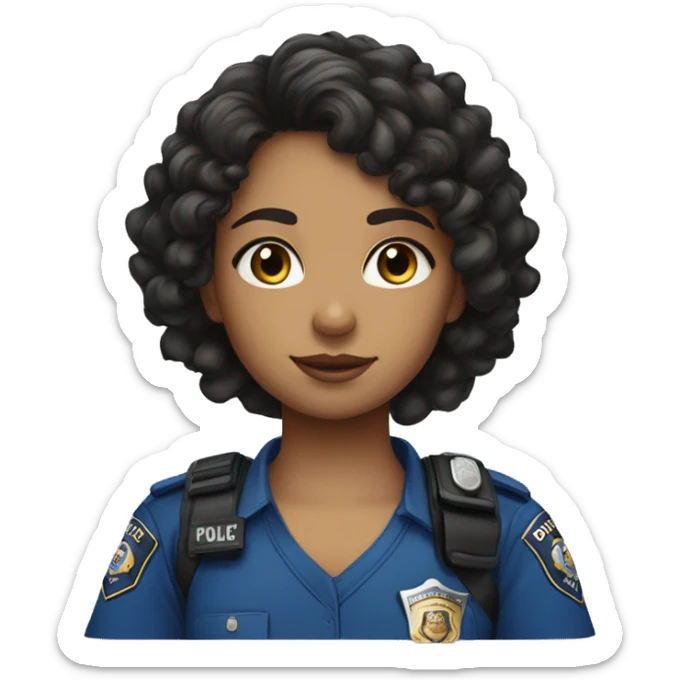 a curly girl with dark hair in a blue police t-shirt  sticker