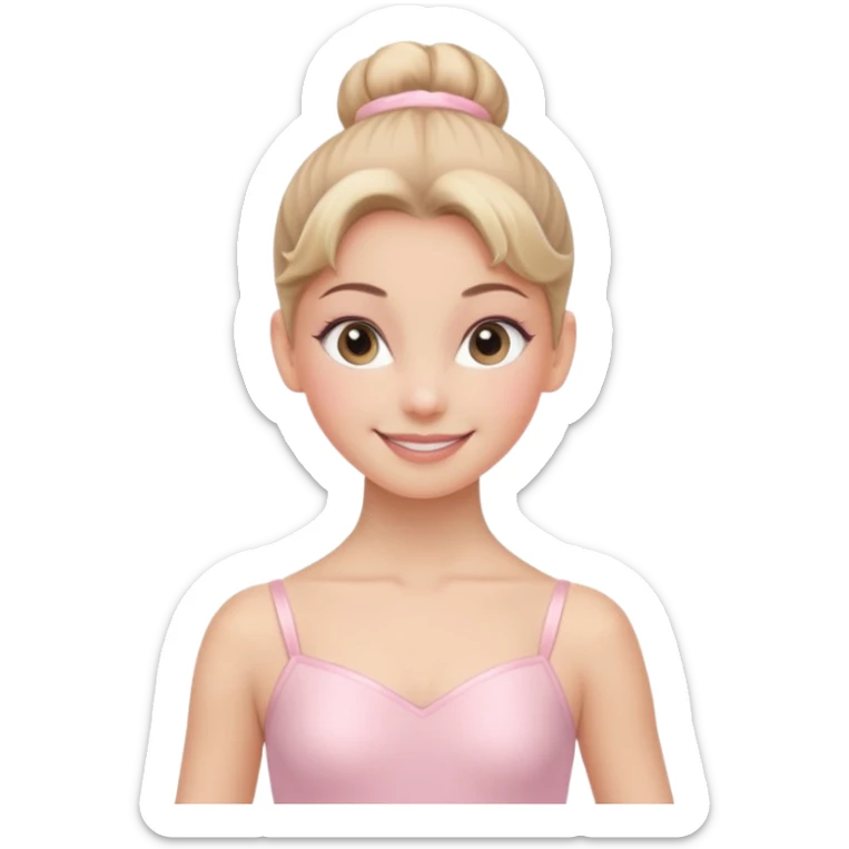 Pink Suit – Cheerful
 Smiling ballerina in pastel pink leotard, tidy high bun, bright happy eyes.















































 sticker