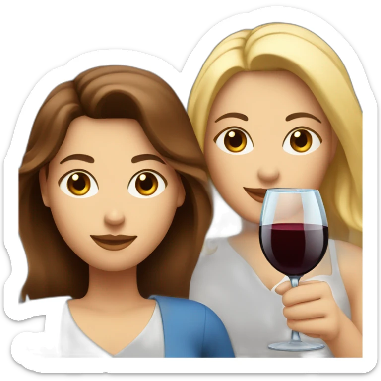White woman with brown hair and brown eyes toasting with a red wine together with white woman with blond hair and blue eyes with red wine sticker