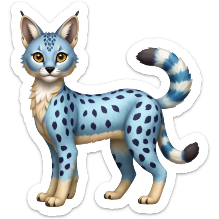 Colorful bluish cute adorable tropical exotic fruity Caracal-Cheetah-Serval-Snow-Leopard-Trico-Sergal-Vernid-fusion-hybrid-animal-creature, full body, with tribal markings sticker