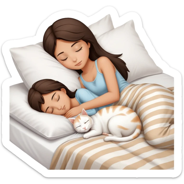 side view Brunette teenage girl sleeping with white cat that has beige stripes on a white pillow with white sheets sticker