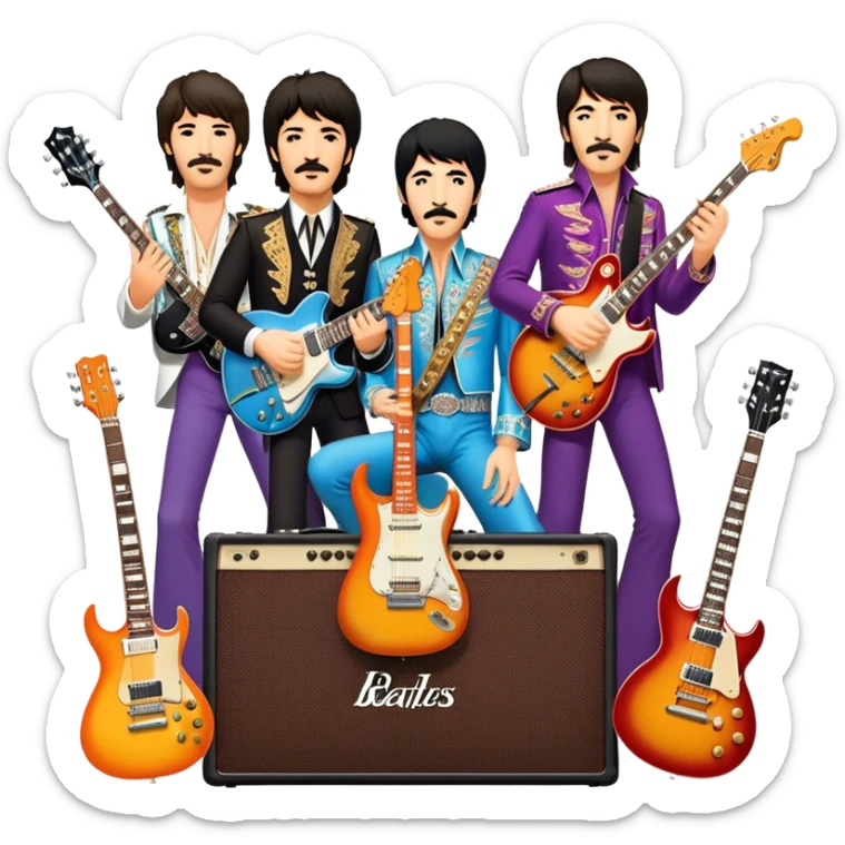 Rock music icon: collage of legendary rock stars—The Beatles, Jimi Hendrix, Elvis Presley, Queen, Nirvana, Led Zeppelin. Electric guitars, amplifiers, and microphones surrounded by vibrant stage lights and musical notes. Transparent background. sticker