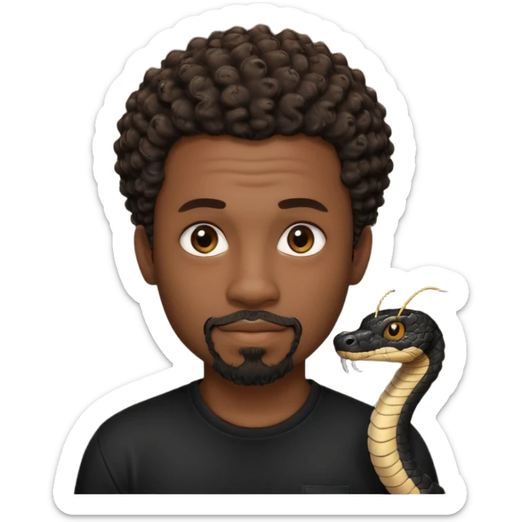 Homme noir, yeux marron avec un bouc que le menton, cheveux court et bouclé crépus avec dégradé sur le côté, avec un cobra à côté , t-shirt noir  sticker