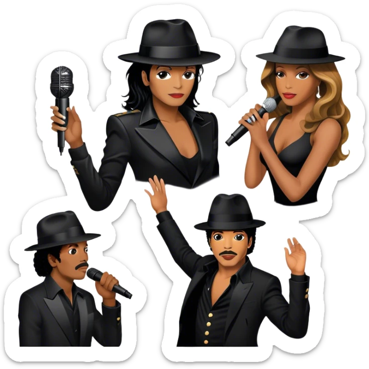 Icon for R&B Music: collage of iconic R&B artists—Michael Jackson, Beyoncé, Lionel Richie, Whitney Houston. Each artist represented by a silhouette or symbolic item (like a glove, microphone, or fedora). Transparent background. sticker