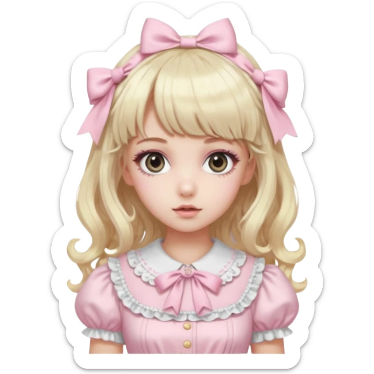 pale girl , who has curly medium length blonde and baby pink swirled hair with bangs , grey eyes , and doll like makeup , in a light pink lolita hime gyaru dress emoji | AI Emoji Generator sticker