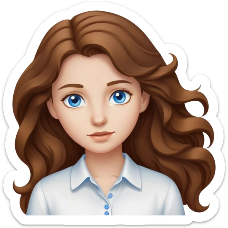 girl with long brown wavy hair and blue eyes wearing a white shirt sticker