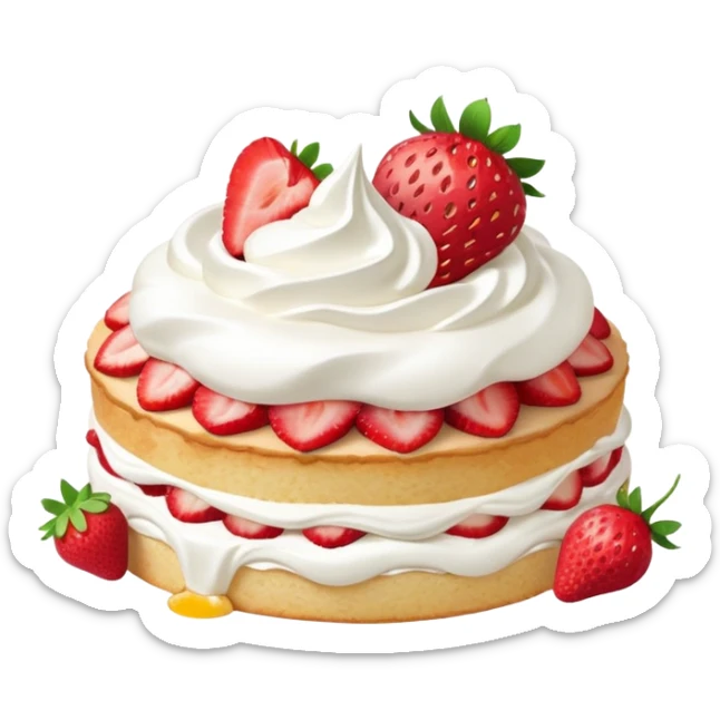 slice of strawberry shortcake with whipped cream, soft and light colors, smooth texture, bright and appetizing, minimal details, glossy highlights
 sticker