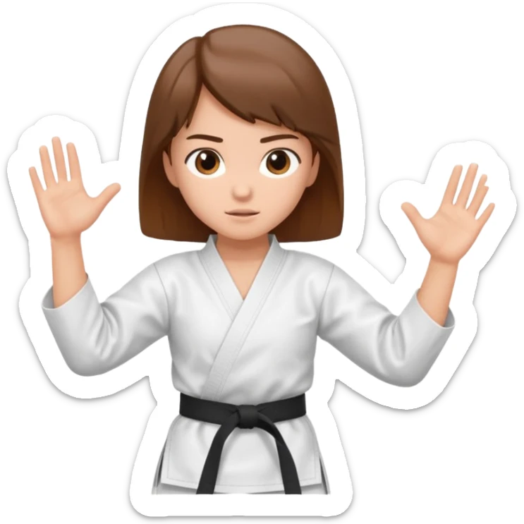 Ragazza castana che pratica karate, ha la cintura nera ed io tradizionale kimono bianco del karate, in posizione di guardia sticker