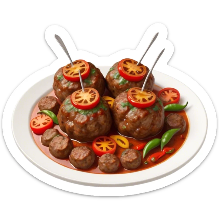 Cinematic Realistic Kofte Dish Emoji, depicted as seasoned, grilled meatballs with a charred exterior rendered with lifelike textures and robust, appetizing lighting. sticker