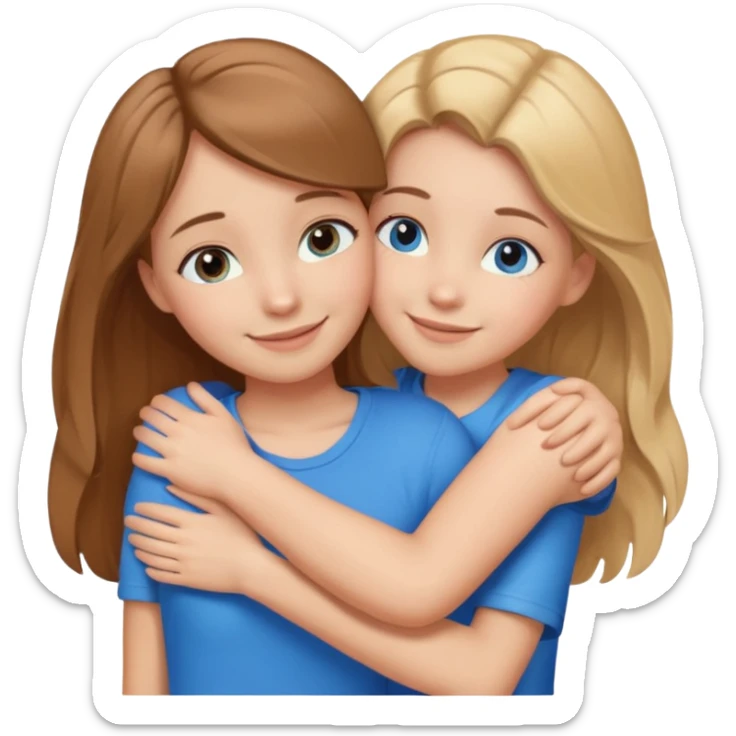 two Girls, Brown and Blonde hair, with Blue Eyes hugging one has Brown hair cute Hug  sticker