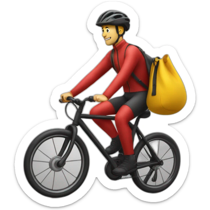 Homme en tenue jaune sur un vélo noir vélo avec un sac rouge carré sticker