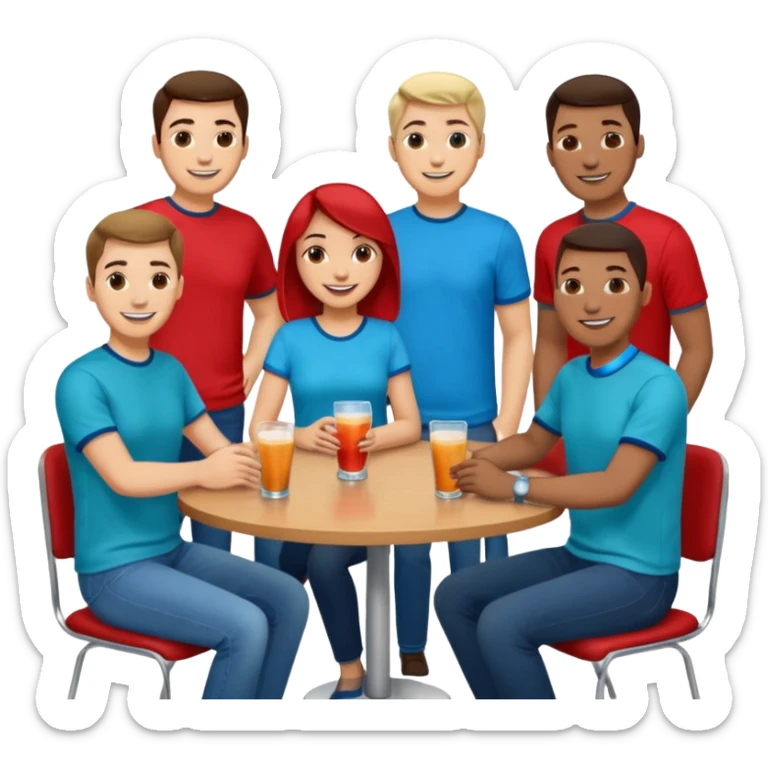 Ten adults in casual clothing with red, aqua and blue shirts, some with drinks chatting at an afterwork meeting sticker