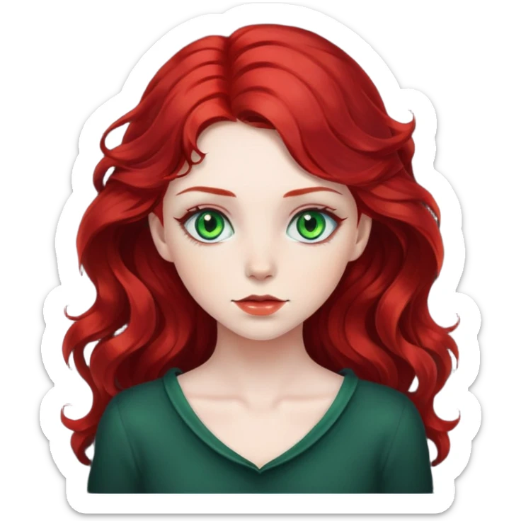 girl with green eyes, white skin, wavy black hair, red hair visible behind neck sticker