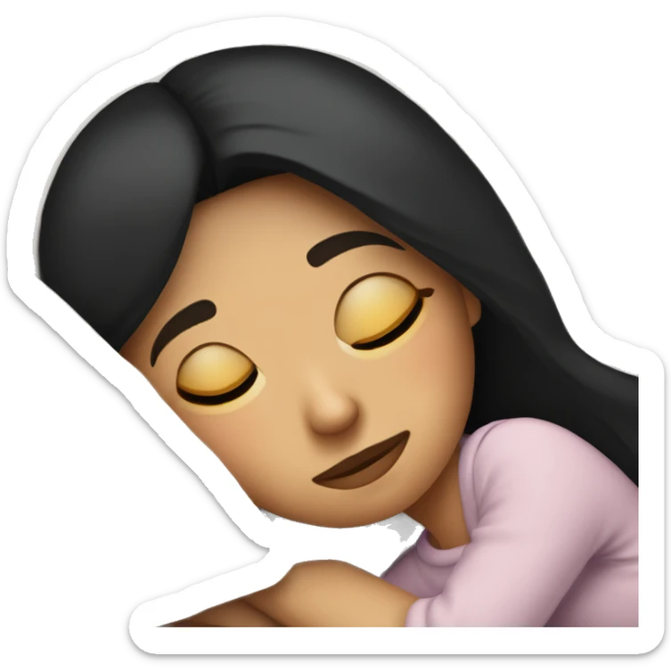 caucasian girl with black straight hair sleeping cozy in bed sticker