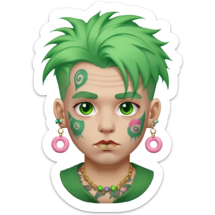 very colorful puffy green haired man made out of candy  and excessive face tattoos and excessive piercing just face  sticker