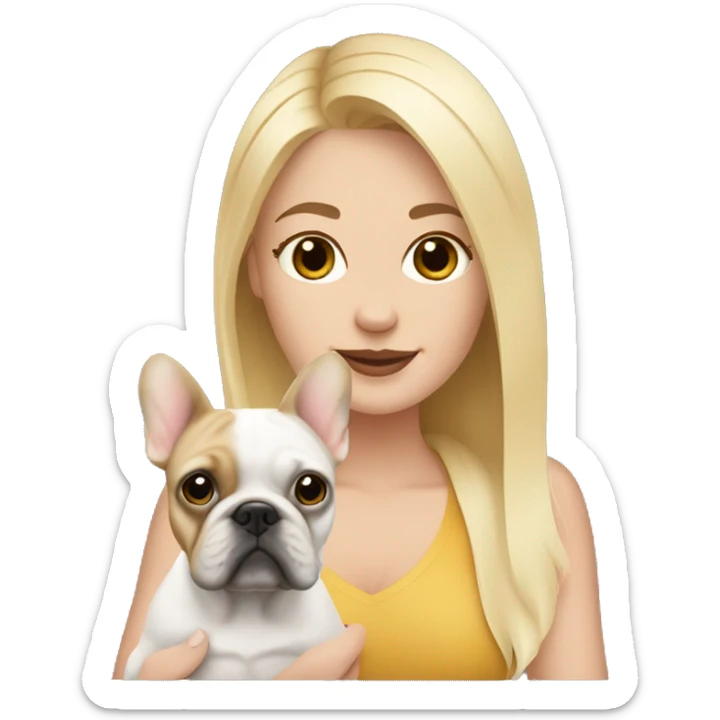 Blonde haired woman holding 1 tan and white French bulldog sticker