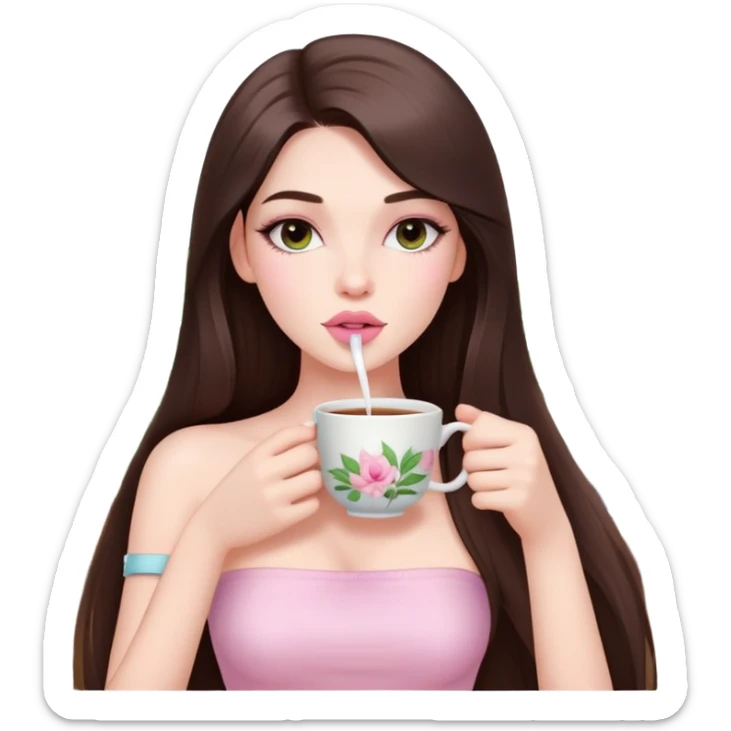 exotic pale girl, very full lips, long straight brunette hair, long lashes, pastel pink tube top, sipping tea  sticker
