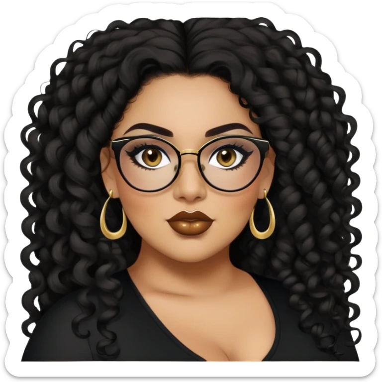 big plus size, latina, darker tan skin, long black curly hair, baddie,pretty, makeup, lipliner, black eyeliner, long hair, small gold earrings, black top, black glasses sticker