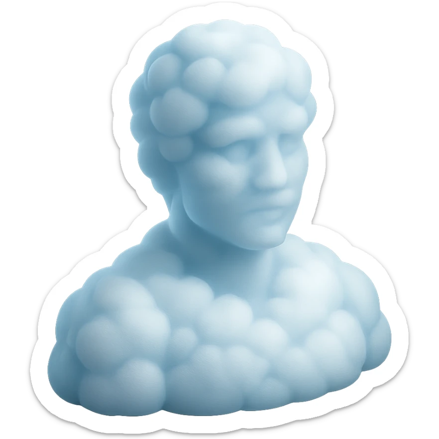 person looking straight, made entirely of white fluffy convex clouds, shoulder up, matte glass style, clouds with a light blue tint, no background sticker
