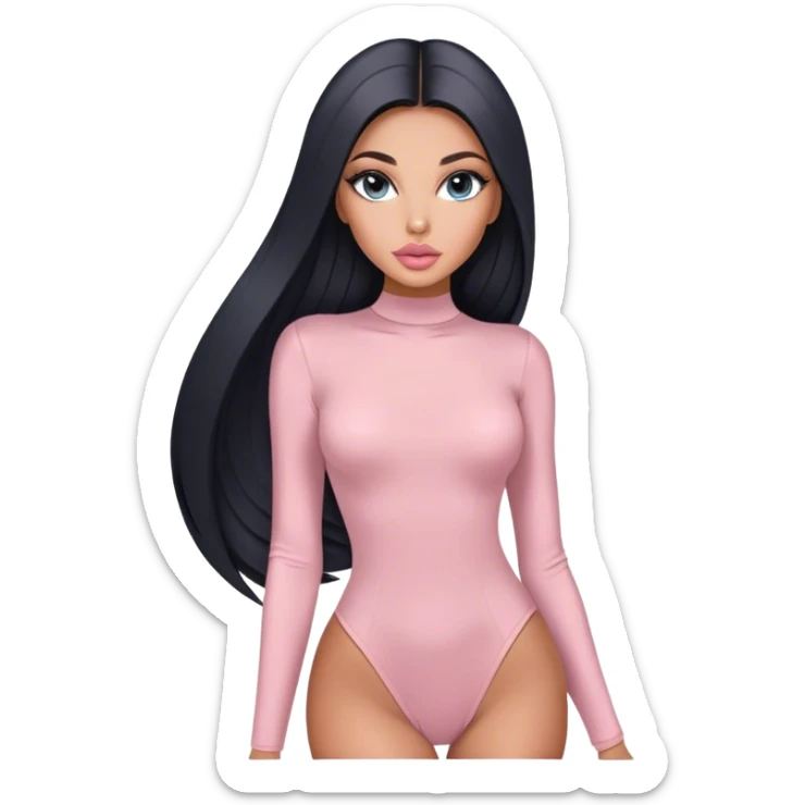 Glamours, tanned, very beautiful girl, with big pump peach-beige-rose lips, long long lashes, black straight smooth silky long hair, straight parting hair, blue-grey eyes in light pink long-sleeves bodysuit sticker
