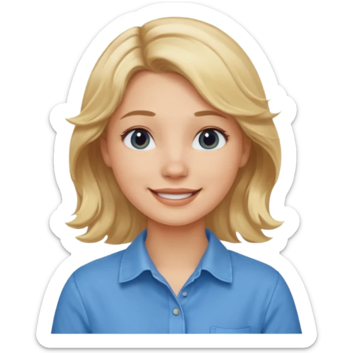 Happy blond girl with light weavy hair with a blue shirt but we can see only her face and neck and the top of the t shirt, no whole body sticker