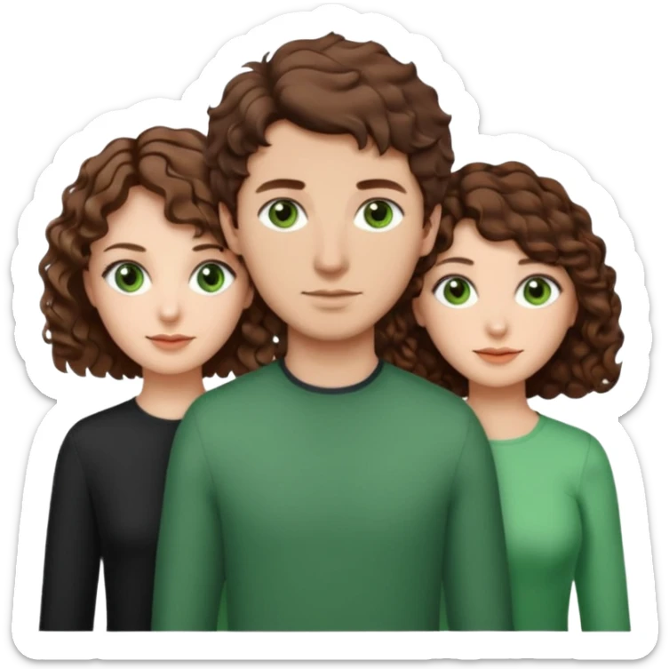 Man in the middle with brown hair and green eyes, women next to him with short brown hair with slight waves, taller women on right side with shoulder length curly hair and brown eyes sticker