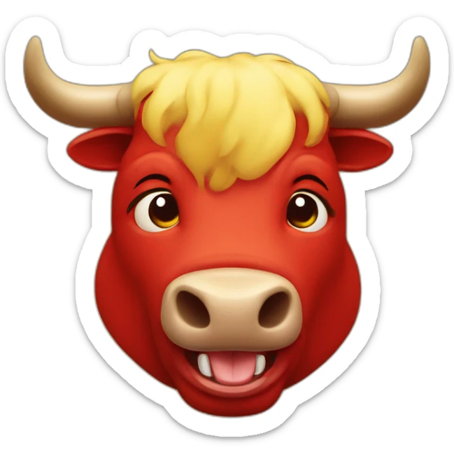 bull red in color is laughing tears coming out of eyes yellow background sticker
