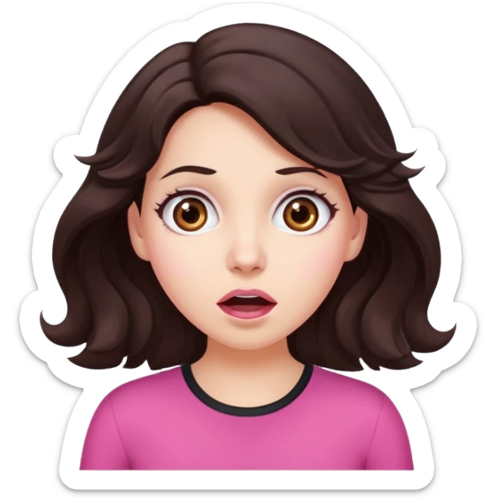 Barbie like emoji of a woman with white skin wavy dark brown hair, brown eyes wearing pink and with a surprised look sticker