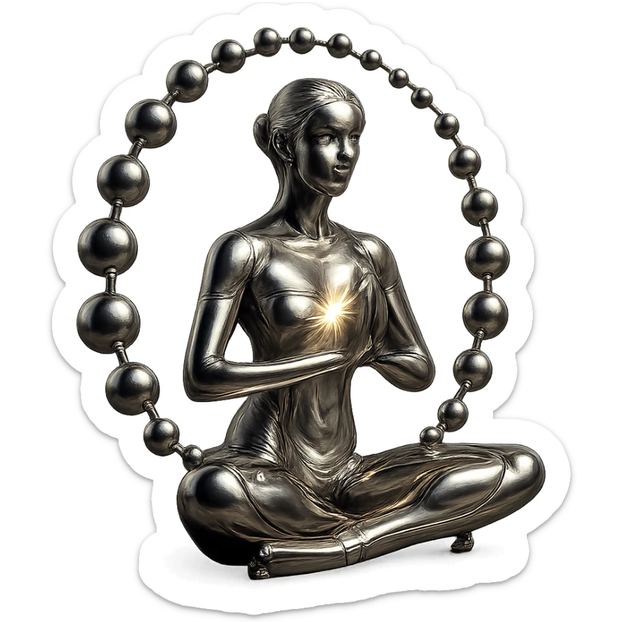 reflective chrome silhouette of a meditating woman with an open chest and a bright light emanating from within, spiral of spheres and glowing aura, highly metallic sticker