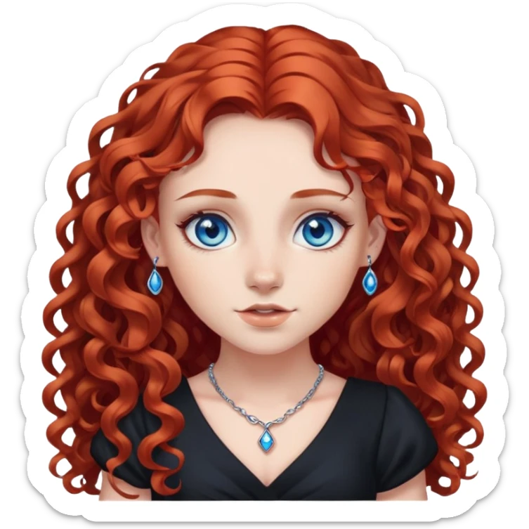 a girl with long curly red hair and blue eyes, in a black dress, with piercings sticker