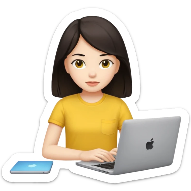 girl on a laptop, dark hair white skin and yellow shirt sticker