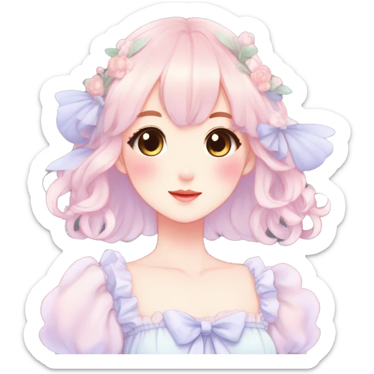 Gorgeous pastel anime style lady with blushing face and a dress cottagecore fairycore  Kawaii anime colorful pearly romantic simplistic aesthetic trending style sticker
