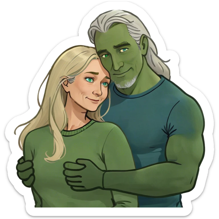 Hug between woman in her 50s with long blonde hair and blue eyes and muscular man in his 50s with blonde and grey hair and no beard or mustache  sticker