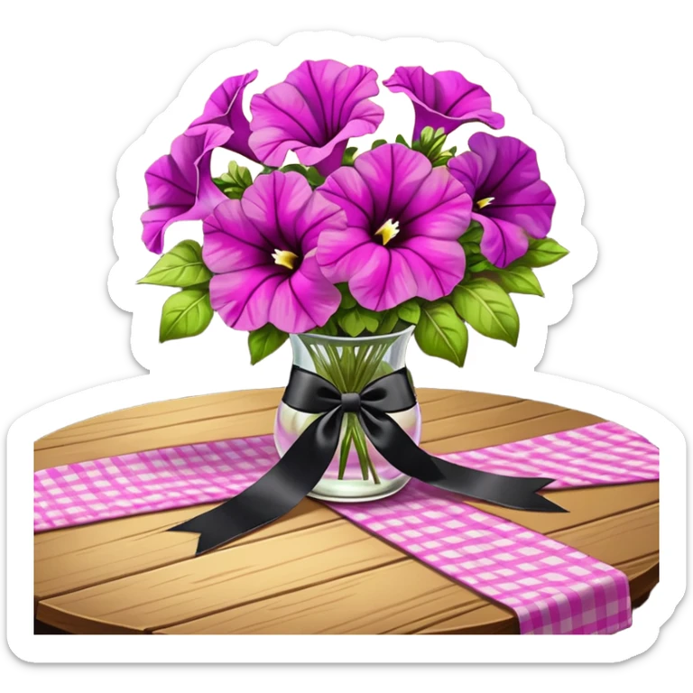 A lush bouquet of bright light margenta color petunia black satin ribbon, resting on an antique wooden table, with a pale yellow and pink plaid pattern table cloth sticker