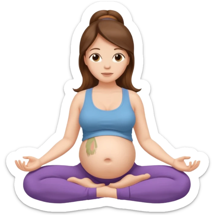 Pregnant woman sitting in a yoga pose with long brown hair and fair skin,." sticker