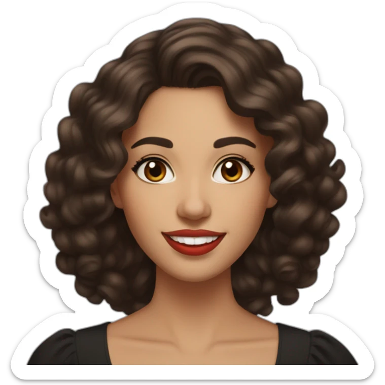 young moroccan woman with dark brown eyes, brown long curling hair with lighter tips, red lips, big smile, black dress sticker